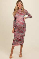Mauve Floral Printed Mesh Overlay Maternity Maxi Dress