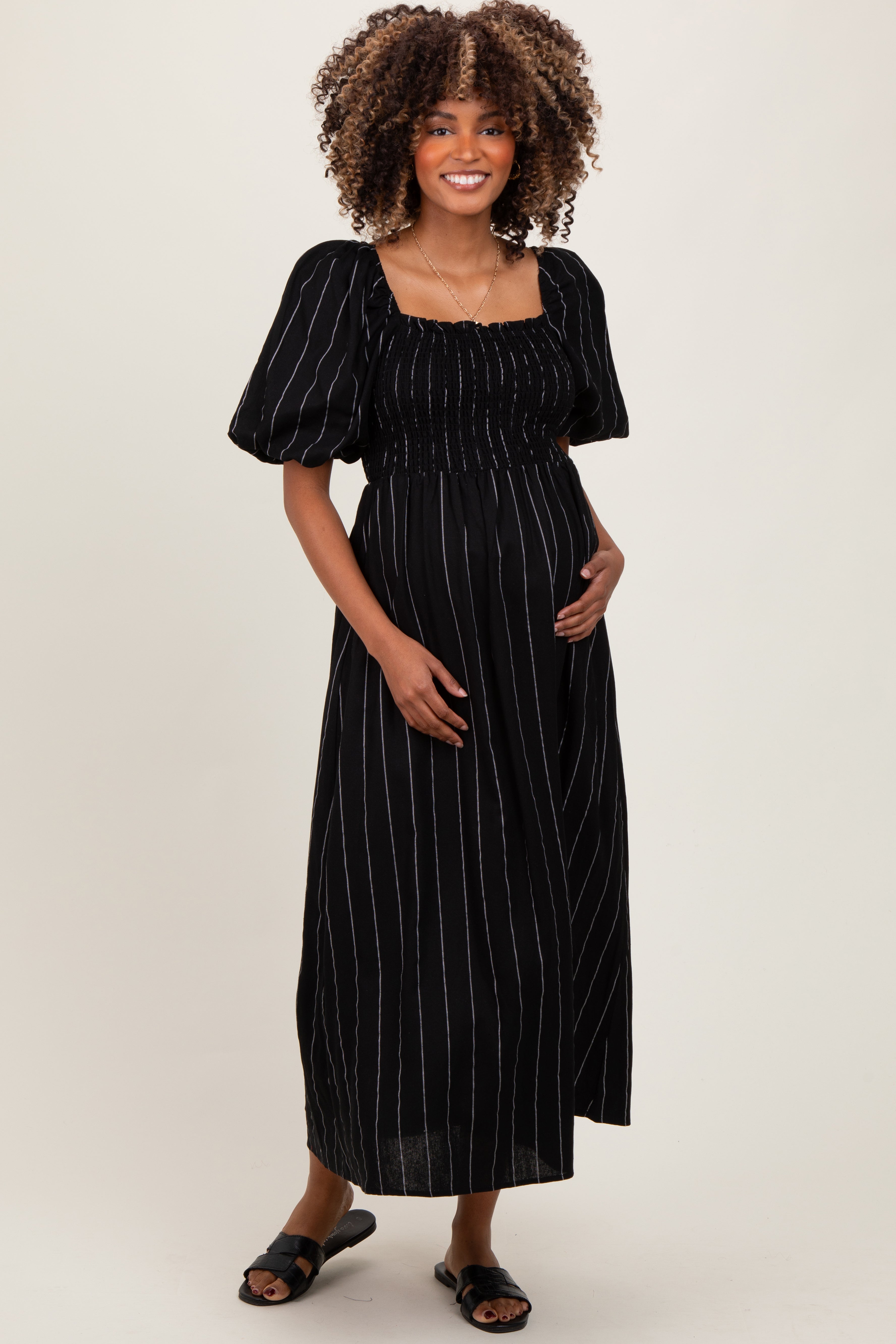 Black Linen Stripe Puff Sleeve Maternity Midi Dress