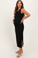 Black Jacquard Sleeveless Side Slit Maternity Midi Dress