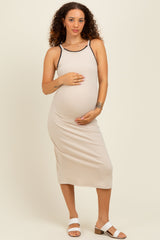 Beige Ribbed Knit Embroidered Maternity Midi Dress