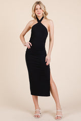 Black Halter Tied Criss-Cross Ribbed Maternity Midi Dress
