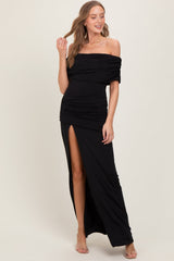 Black Foldover Off Shoulder Ruched High Slit Maternity Maxi Dress