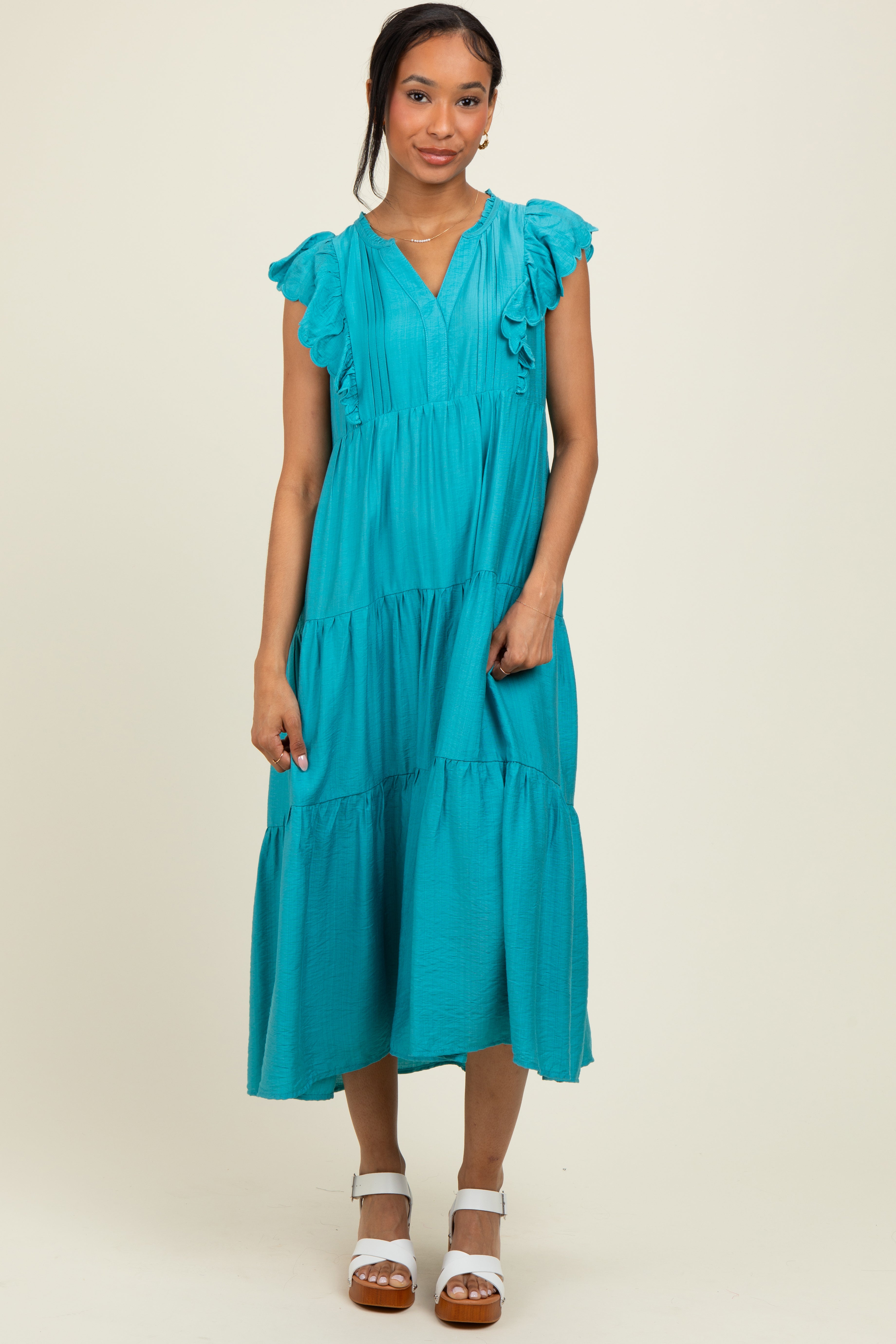 Aqua Ruffle Sleeve Tiered Maternity Midi Dress