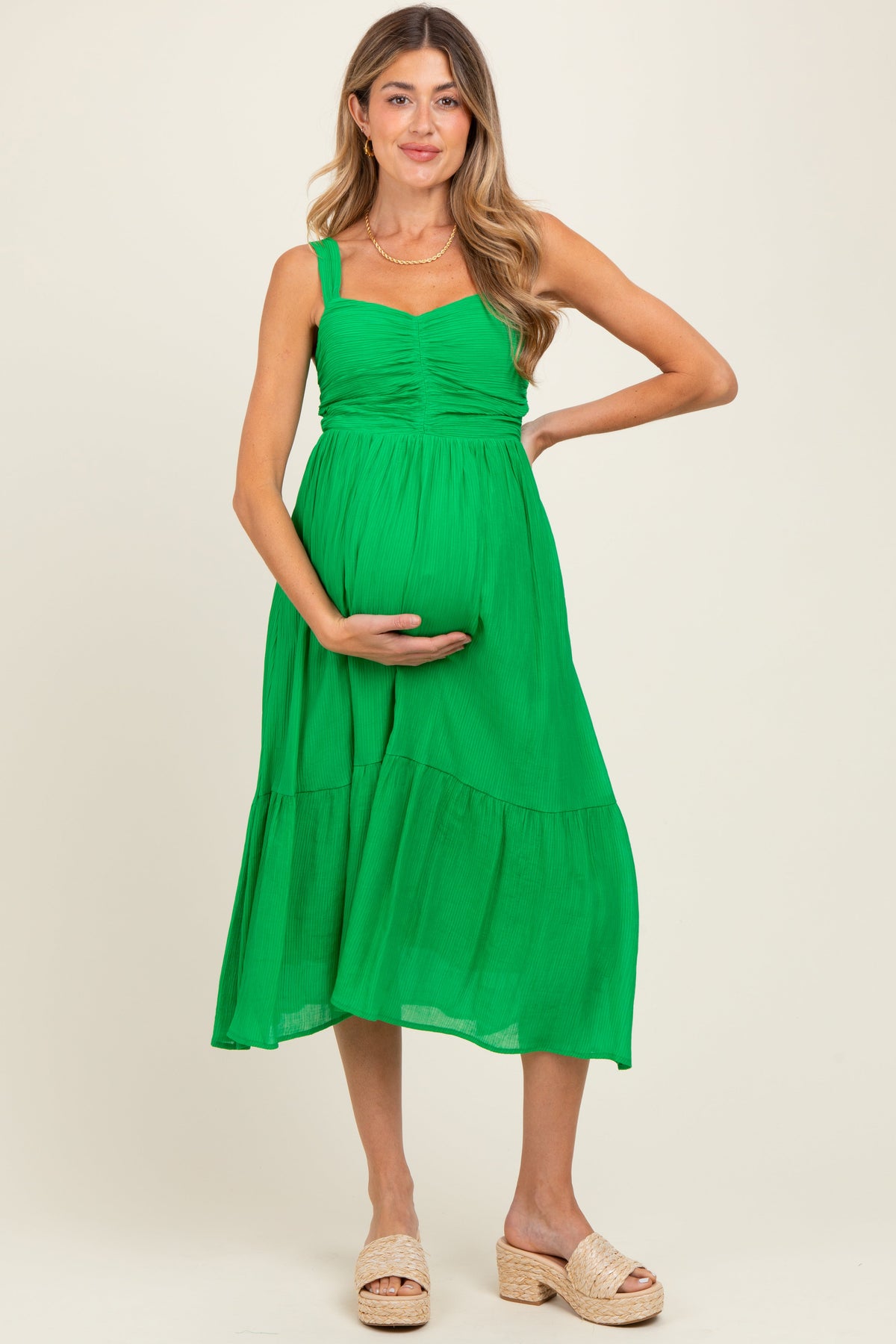 Green Cinched Bust Cutout Maternity Midi Dress