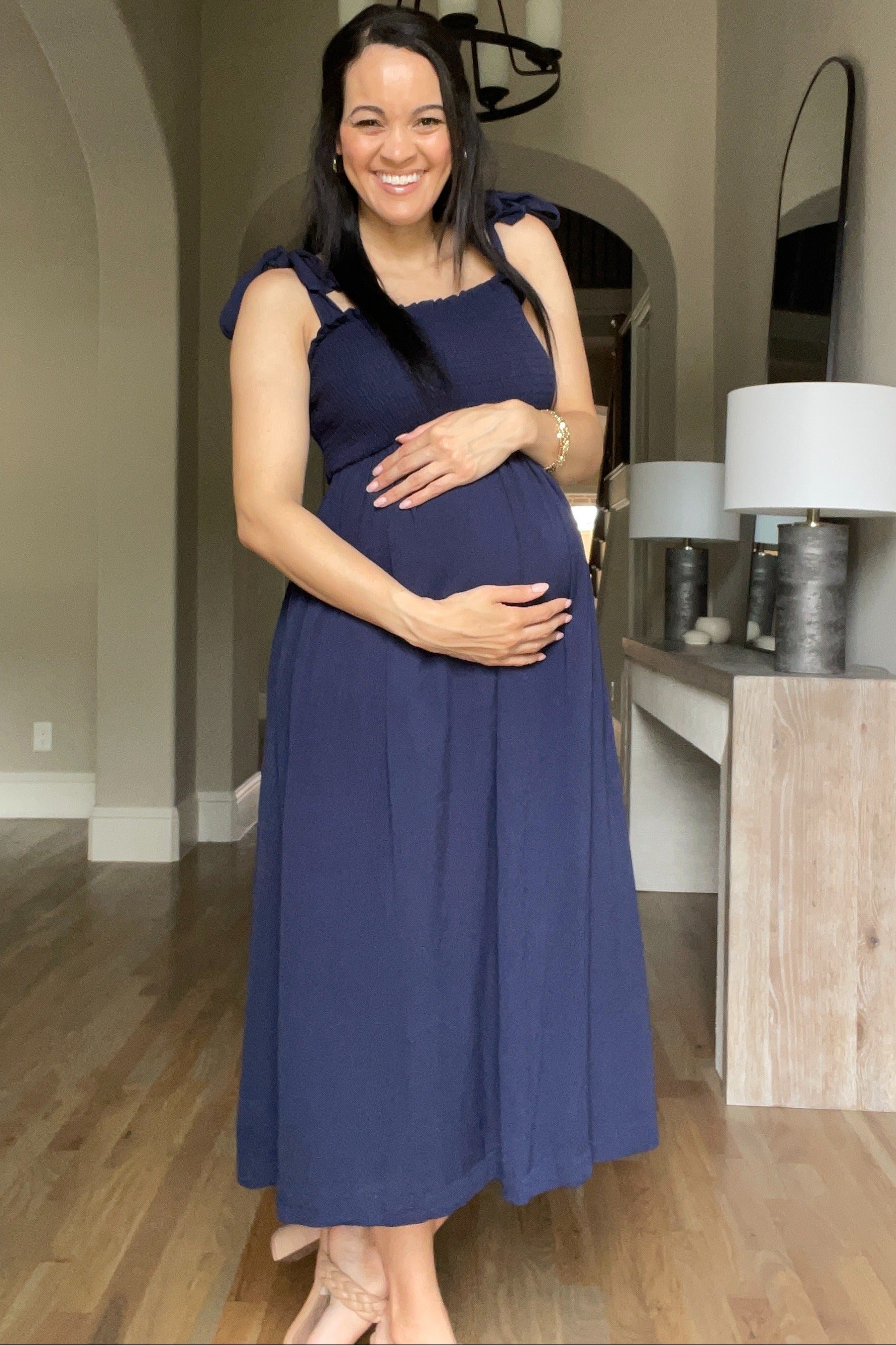 Navy Blue Smocked Tie Strap Maternity Midi Dress