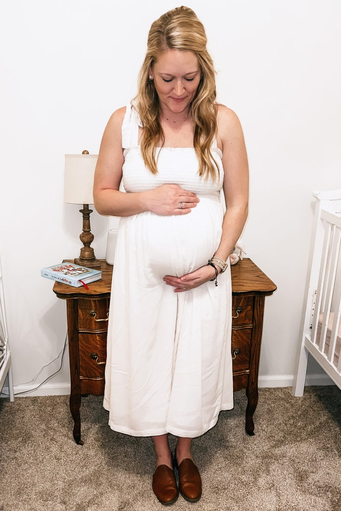 Beige Smocked Tie Strap Maternity Midi Dress