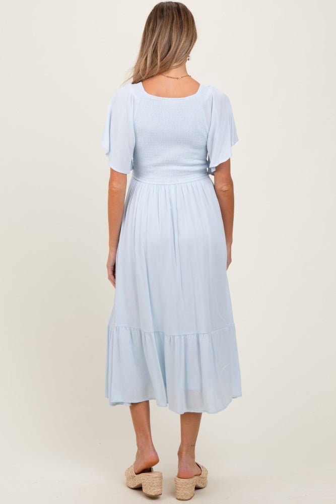 Light Blue Smocked Ruffle Maternity Dress