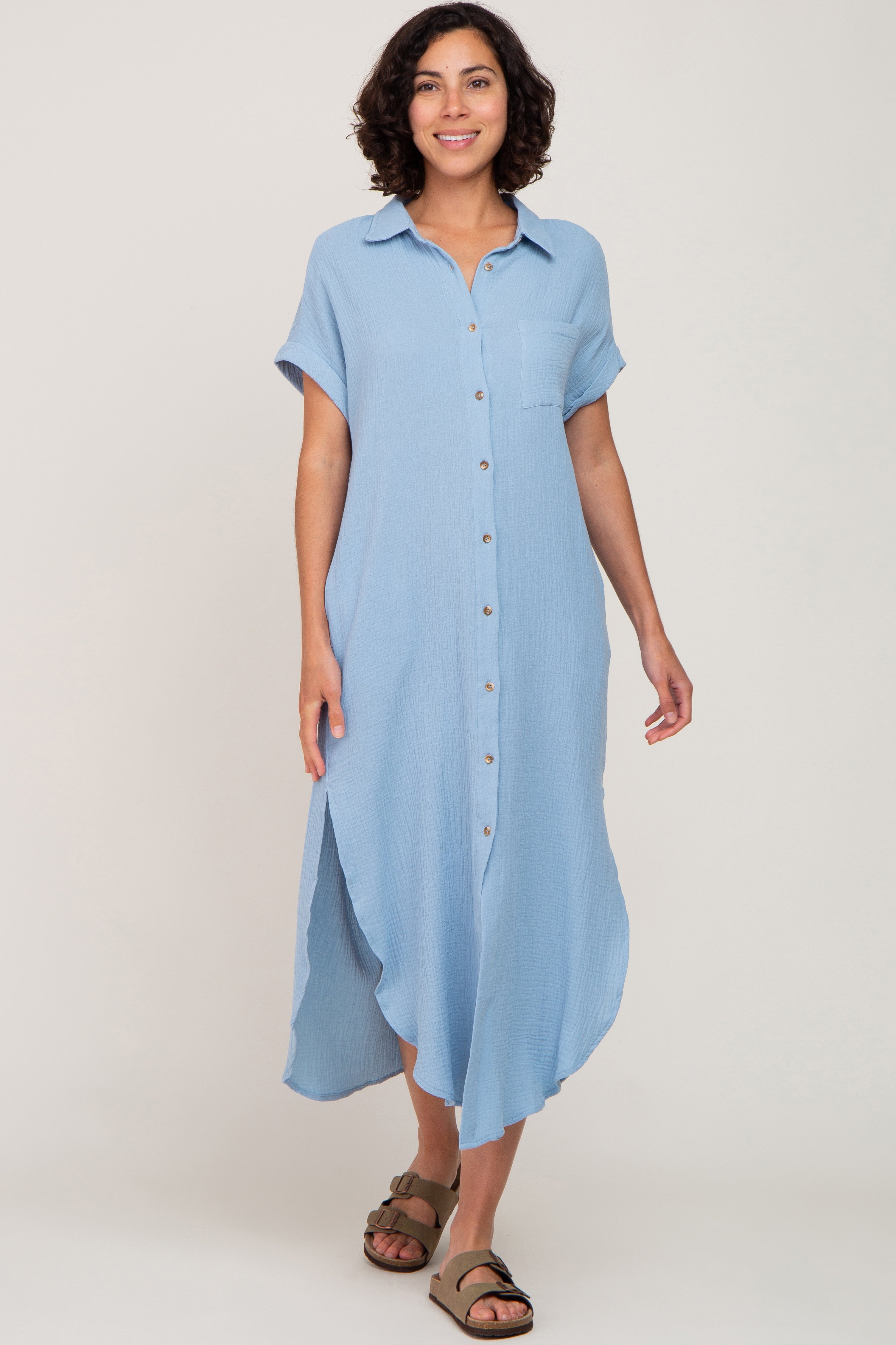 Light Blue Button Down Maternity Midi Dress