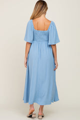 Blue Textured Dot Front Tie Ruffle Sleeve Maternity Midi Dress