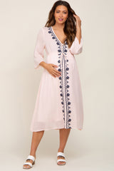 Light Pink Floral Embroidered 3/4 Sleeve Maternity Midi Dress