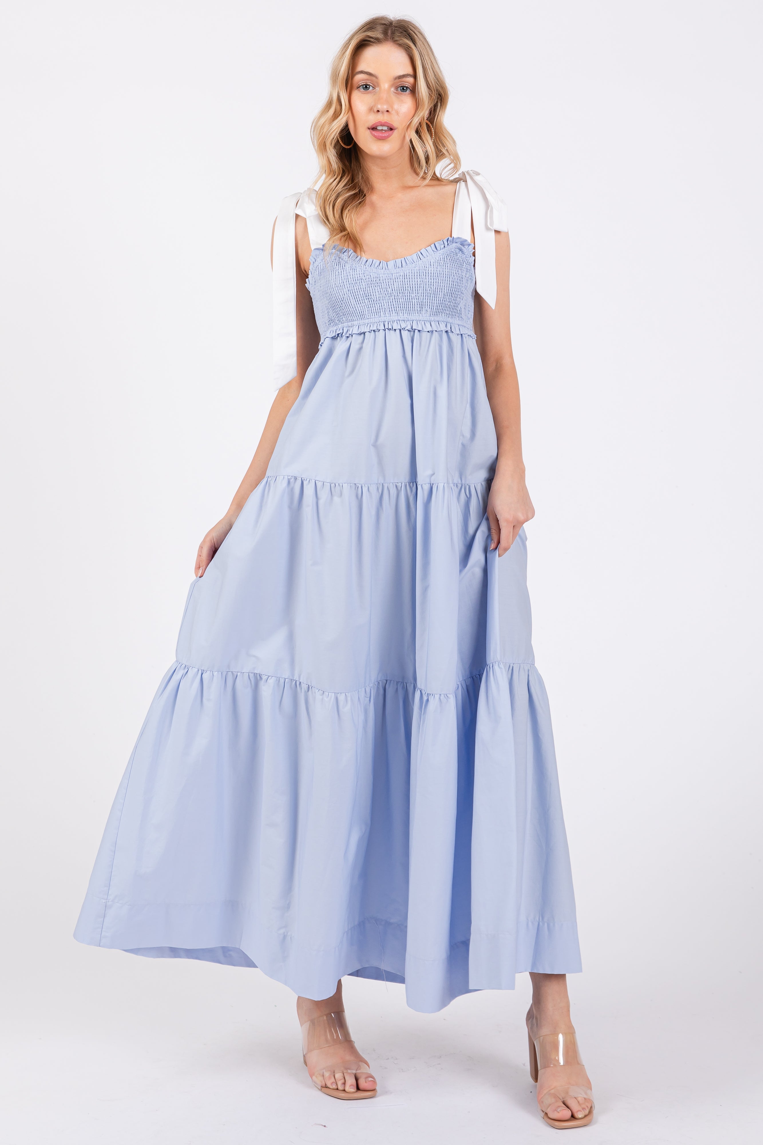 Light Blue Contrast Shoulder Straps Maternity Maxi Dress