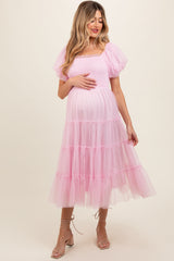 Light Pink Smocked Tiered Tulle Maternity Midi Dress
