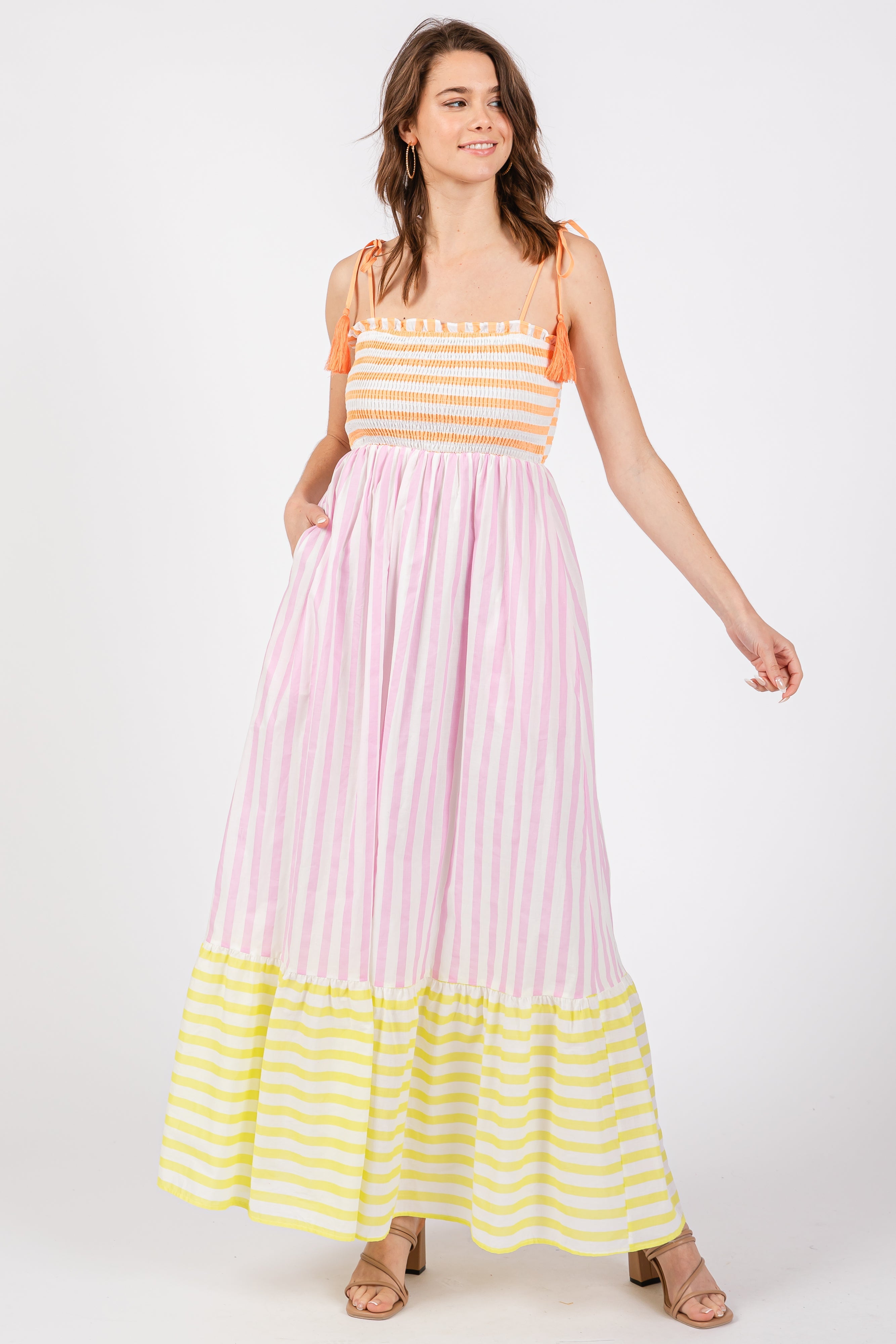 Multi-Color Striped Color Block Shoulder Tie Maternity Maxi Dress