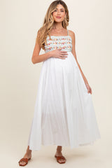 Multi-Color Floral Embroidered Lace-Up Back Maternity Maxi Dress